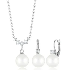 Elli Schmuckset Klassisch Zirkonia Muschelkernperle 925 silber Mittellange Halskette