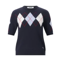 MSGM Kurzarmpullover aus Merinowolle und Kaschmir dunkelblau Pullover
