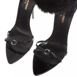 Saint Laurent Adorned With A Faux Fur Ankle Strap Black Riemchensandalen