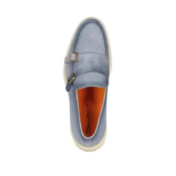 Santoni Doppel-Monkstraps aus Veloursleder Hellblau Schnürschuhe