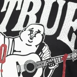True Religion - Buddha-Print- Ziersteine auf Front- Kurzarm-schwarz T-Shirt