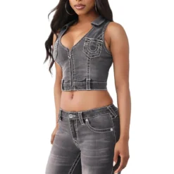 True Religion - Denim-Top- Tiefer Rundhalsausschnitt- Struktur schwarz Top