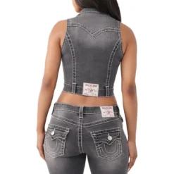 True Religion - Denim-Top- Tiefer Rundhalsausschnitt- Struktur schwarz Top