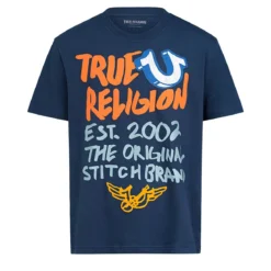True Religion - Gerader Schnitt- Rundhals- Überschnittende Sch blau T-Shirt