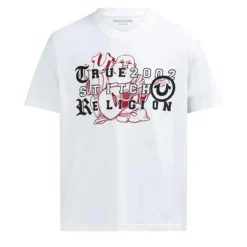 True Religion - T-Shirt- Übereinander angeordnete Logos auf Fro weiss T-Shirt