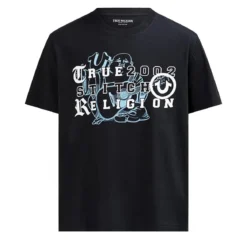 True Religion - T-Shirt- Übereinander angeordnete Logos auf Fro schwarz T-Shirt