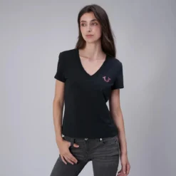True Religion - T-Shirt- V-Ausschnitt- Markenlogo auf Front-schwarz T-Shirt