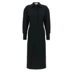 Victoria Beckham Long Sleeve Polo Collar Midi' Dress Schwarz Midikleid